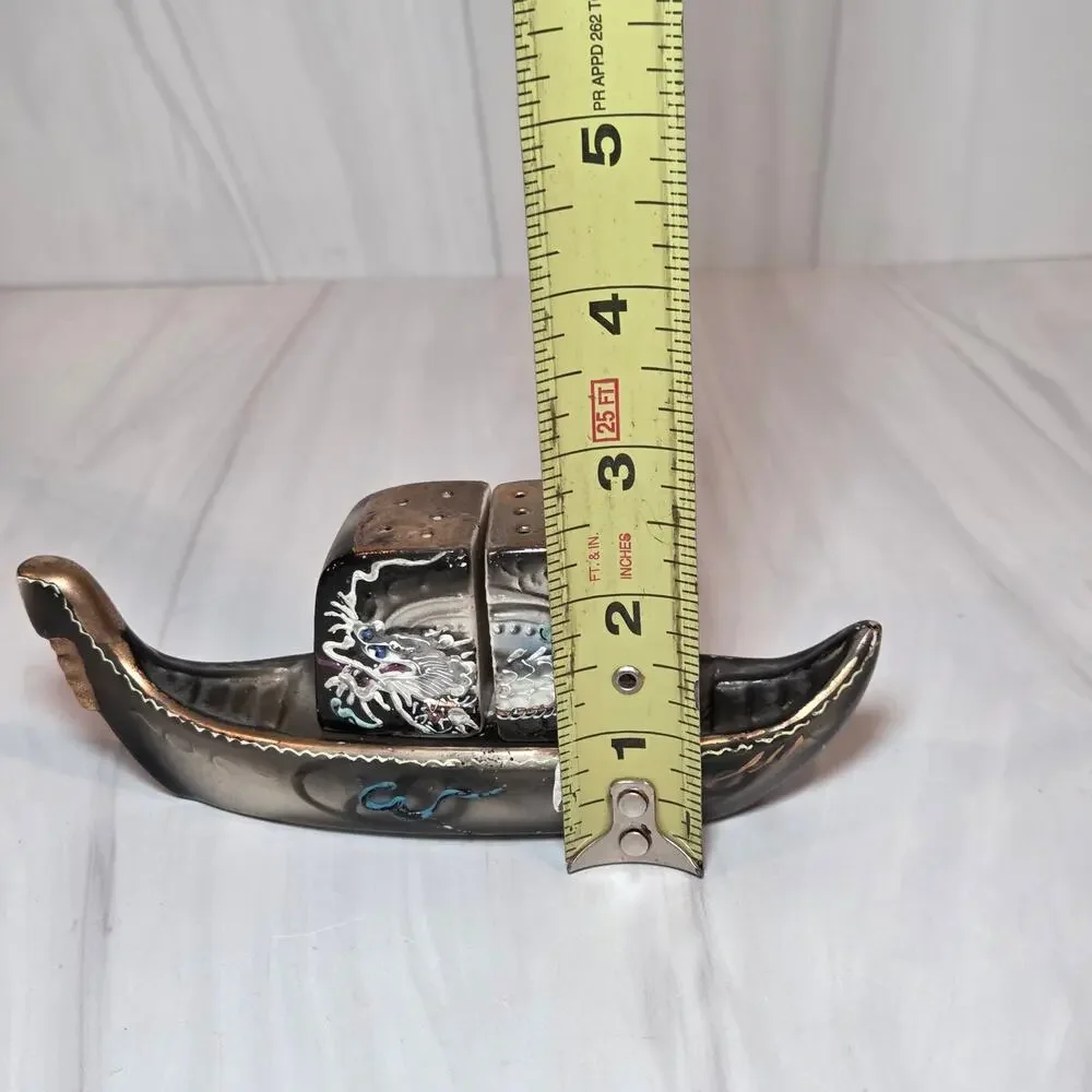 Vintage 1950s Japan Dragonware Moriage Salt Pepper Shakers Dragon Boat Caddy
